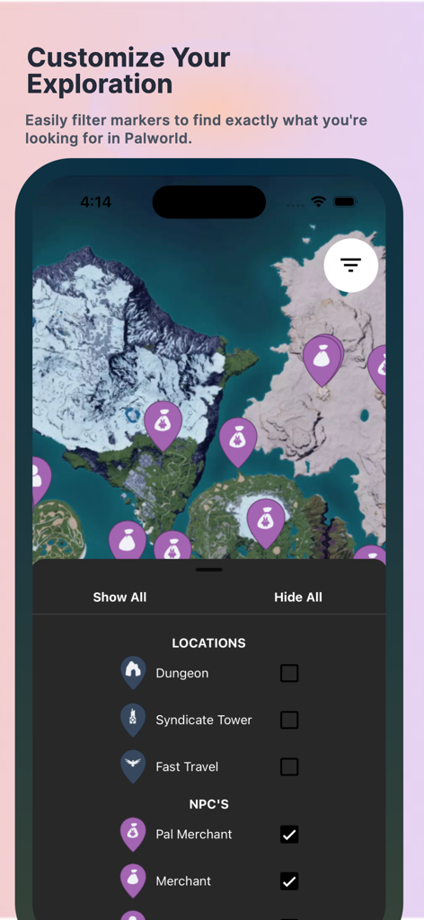 PalMap: Find and Explore Pals - PalMap mobile app interface showing Palworld map and exploration filters