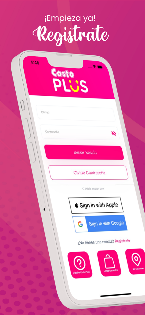 Costo Plus - Pantalla de inicio de sesión y registro de la app de lealtad Costo Plus en un iPhone