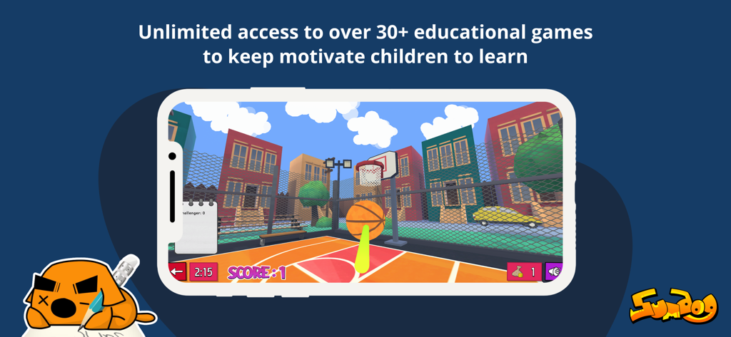 Smartphone screen showing a 3D basketball game in the Sumdog app for kids.