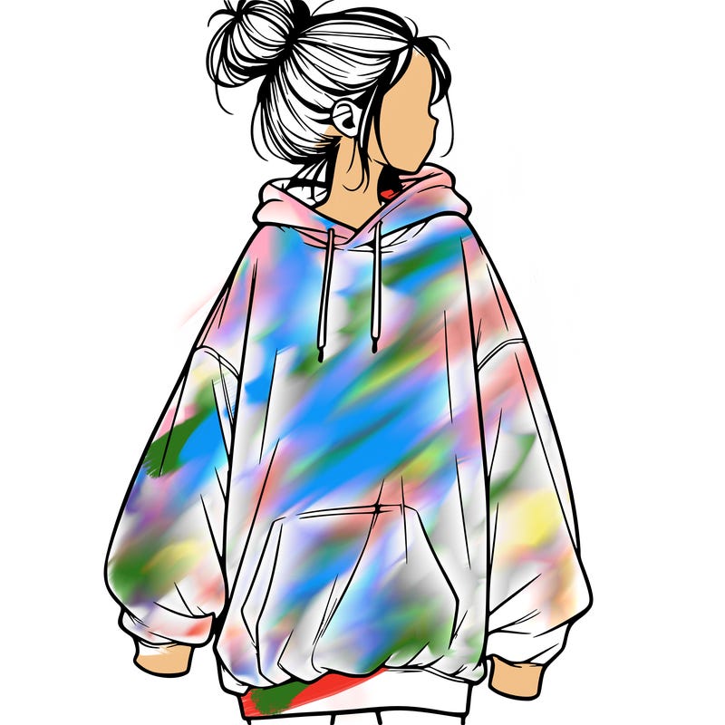 realistic girl with a oversized sweatshirt on and a bun