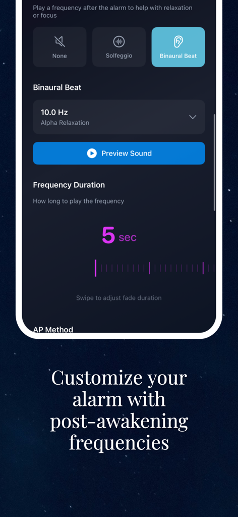 Astralis App Benutzeroberfläche zur Anpassung des Weckers mit binauralen Schlägen und Entspannungsfrequenzen