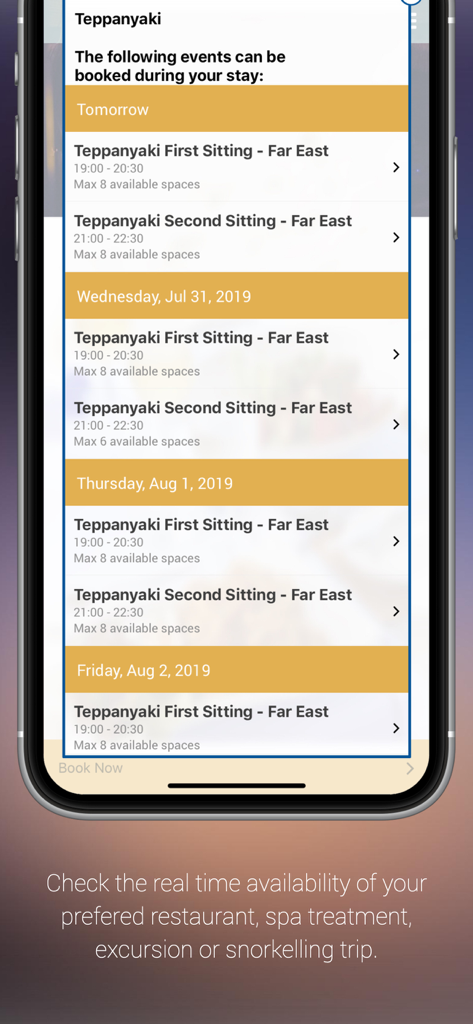 Kuredu Maldives - クレドゥ・モルディブモバイルアプリの鉄板焼きレストランの座席時間と予約可能状況画面。