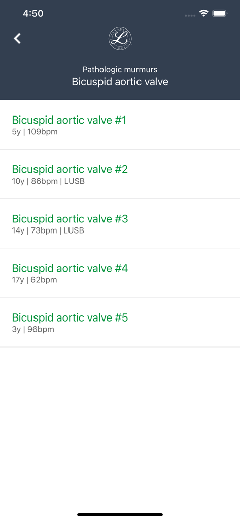 Littmann™ University - Lista de grabaciones de soplos cardíacos de válvula aórtica bicúspide en la aplicación de educación médica Littmann University.