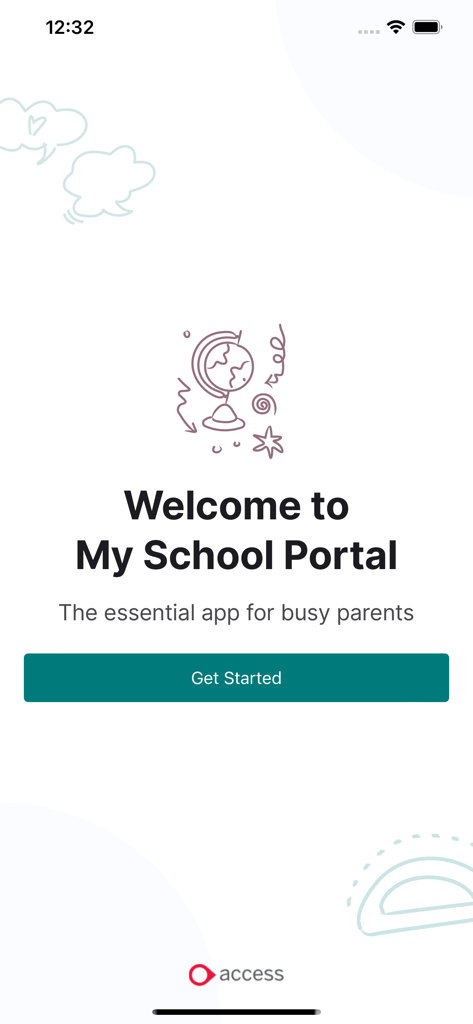 Access My School Portal - Welcome screen of the Access My School Portal app for busy parents featuring a Get Started button