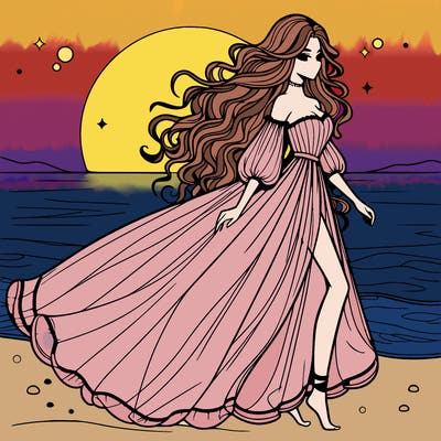 beautiful woman with a vaporous long dress walking on the beach at the noon, detailed art
