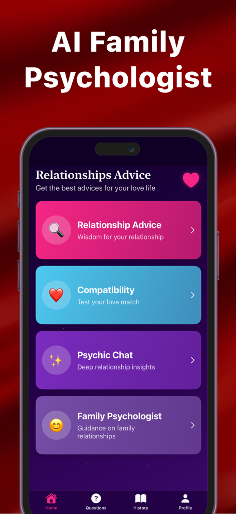 Interfaz de la aplicación Love AI que presenta pruebas de compatibilidad de asesoramiento de relaciones, chat psíquico y opciones de psicólogo familiar.