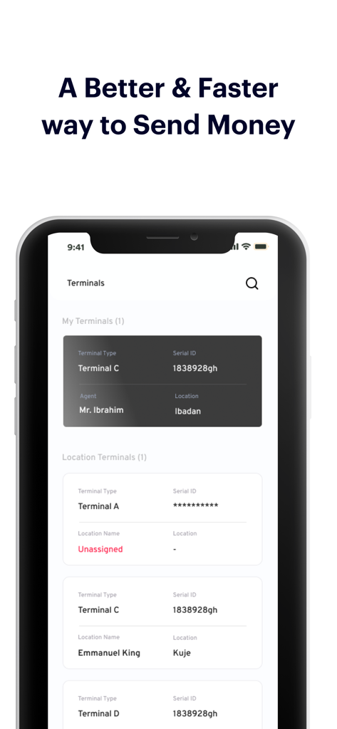 Sofri Agent - Sofri Agent app interface displaying a list of POS terminals and agent locations for remote monitoring