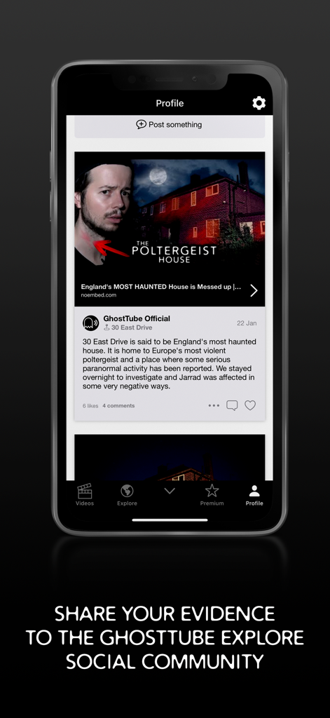 GhostTube EVP - GhostTube EVP app social profile showing a post about a haunted house investigation.