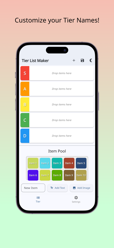 Tier - Tier List Maker - ティアリストメーカーアプリのインターフェース。SからDまでのカスタマイズ可能なランキングティアと、並べ替えるアイテムのプールが表示されています。
