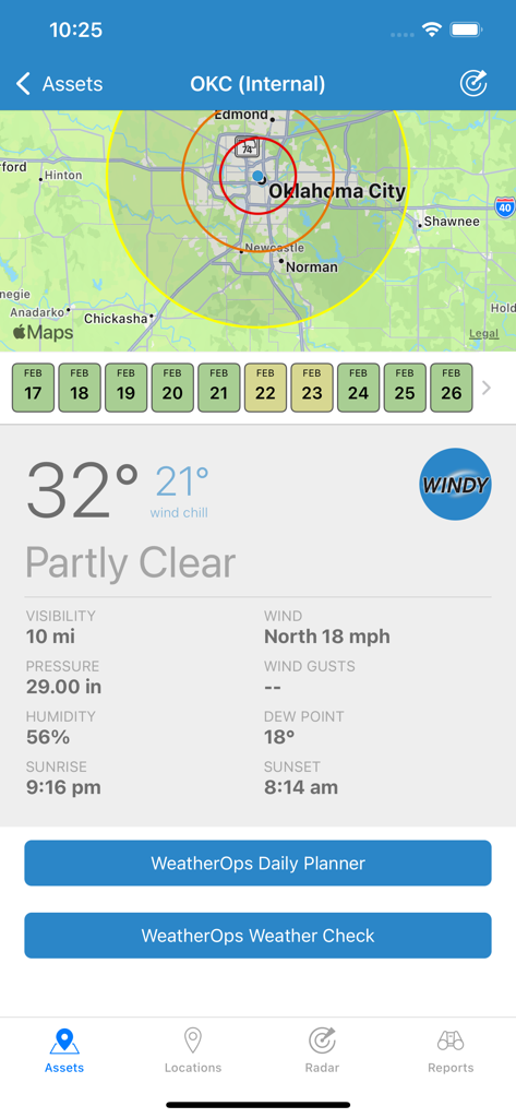 WeatherOps mobile App zeigt Anlagenverfolgung und tägliche Wettervorhersagedetails an