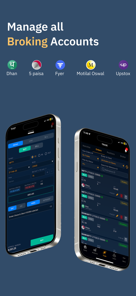 Quantsapp Option Trading India - Quantsapp mobile app interface for managing multiple Indian brokerage accounts and options trading orders