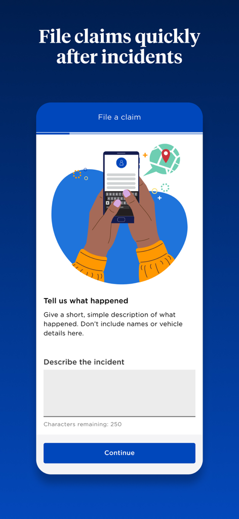 Interface do aplicativo Nationwide Mobile para registrar um sinistro de seguro com uma caixa de descrição para incidentes.
