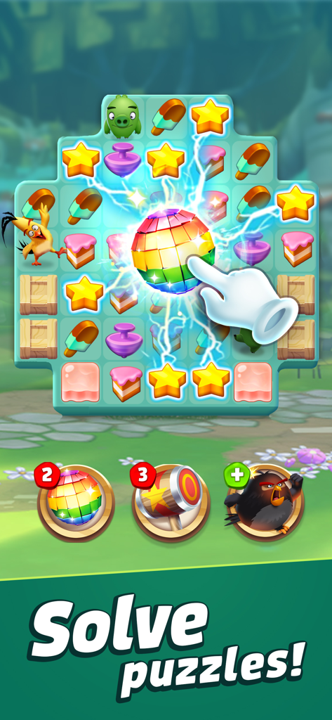 A hand activating a rainbow disco ball power up on a match three puzzle board in Angry Birds Match 3