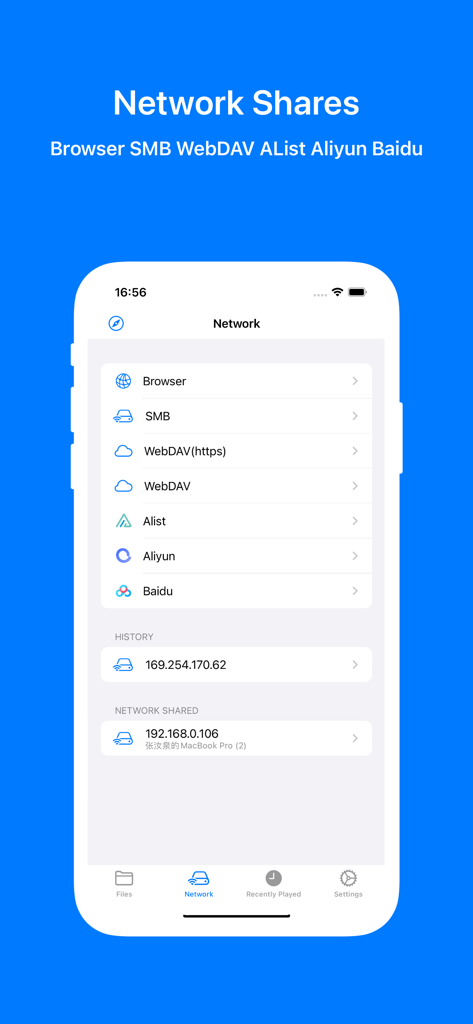 MKV PiP Player network shares interface showing SMB and WebDAV options