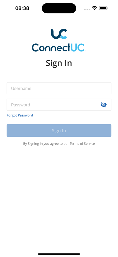 ConnectUC - ConnectUC mobile app login screen with username and password fields