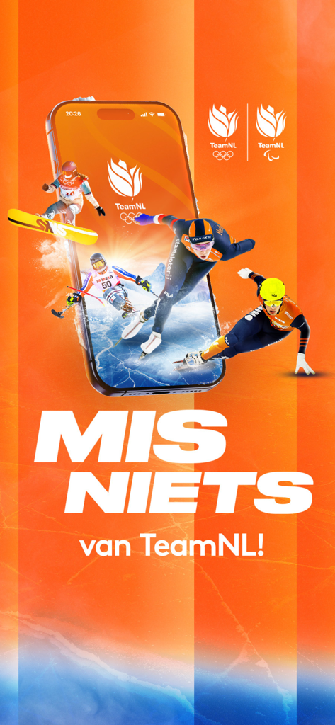 TeamNL - Promotional image for the TeamNL app featuring Dutch winter sports athletes on an orange background