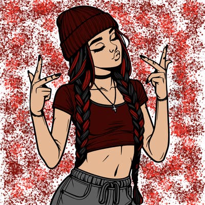 realistic teenage girl with braids and a beanie and crop top doing 🫶🏼