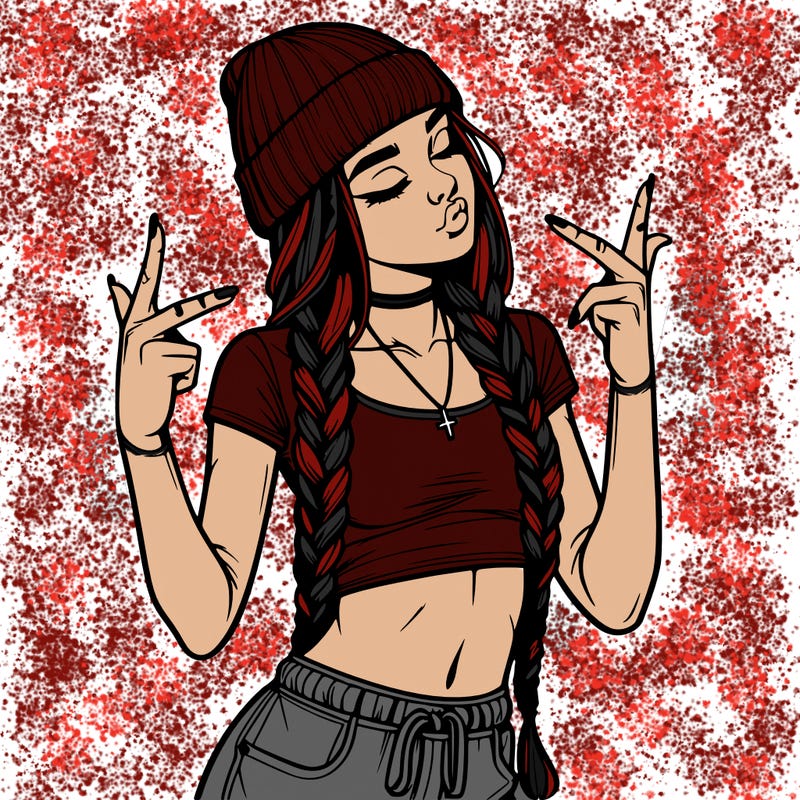 realistic teenage girl with braids and a beanie and crop top doing 🫶🏼