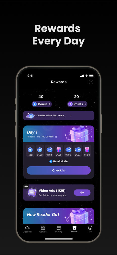 A mobile app screen for LooRead showing the daily rewards page with check-in bonuses and points conversion options.