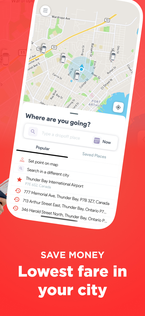 Uride Passenger app screen showing a map with available cars and a search bar for destinations above the text Lowest fare in your city.
