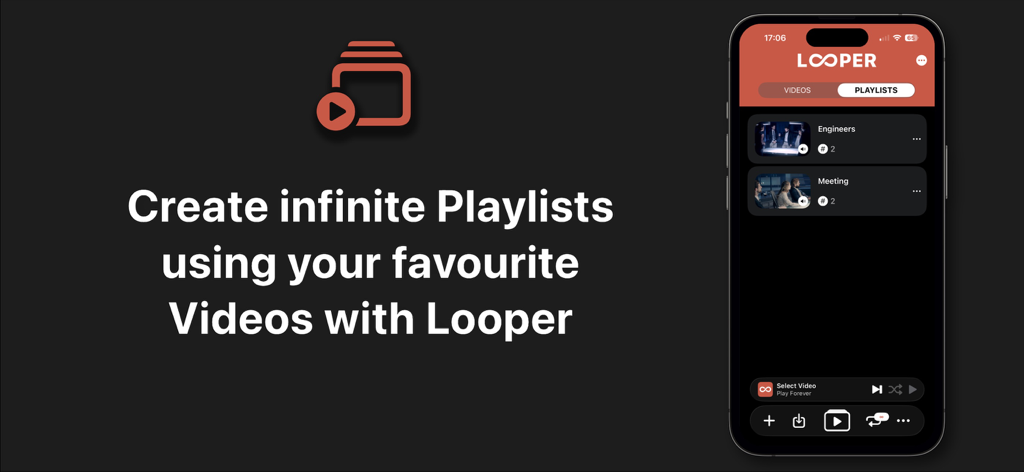 Looper - Interfaz de la aplicación Looper en un iPhone mostrando la creación de listas de reproducción de vídeo