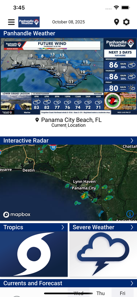 Dashboard of the Panhandle Weather App showing interactive radar and local wind forecasts for Florida