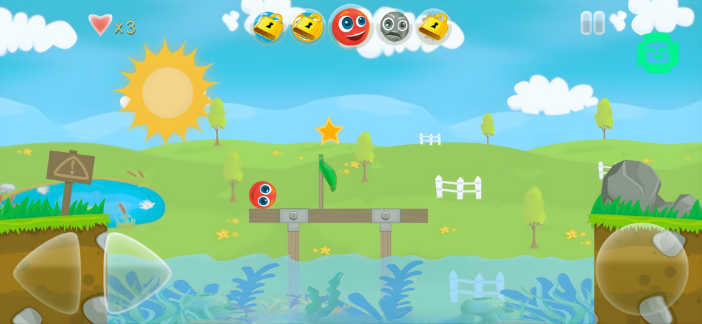 Gameplay screenshot of Bounce Tales showing a red ball character in a sunny level