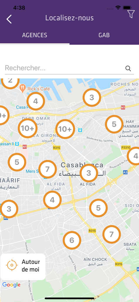 Pocket Bank - Pocket Bank mobile app map showing bank branch and ATM locations in Casablanca Morocco