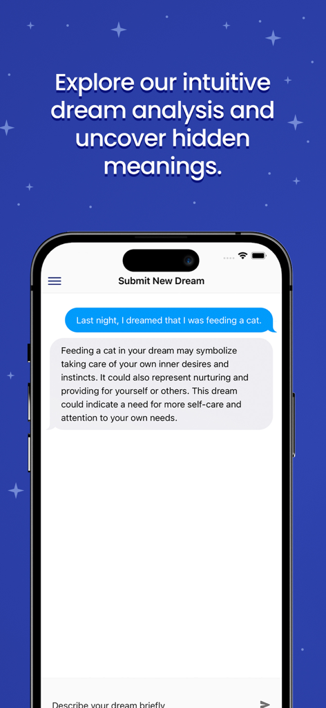 Dreamify - Dream Interpreter - Interface do aplicativo Dreamify mostrando um chat de interpretação de sonhos em tempo real para um sonho sobre alimentar um gato.