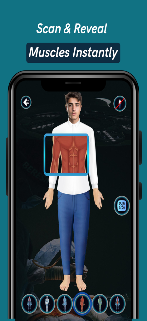 X-Ray Camera- X Ray Vision sca - Una interfaz de aplicación móvil que muestra un escaneo de rayos X simulado que revela el sistema muscular humano en un torso.