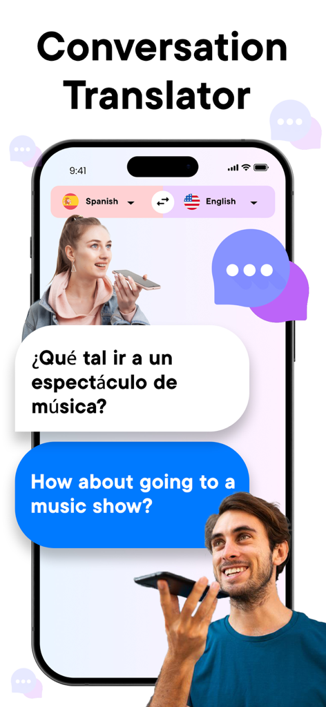 Smartphone screen showing the conversation translator feature of the Translate Now app with Spanish and English text bubbles.