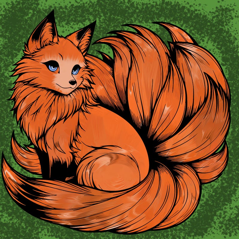 realistic detailed 9 tailed anime fox