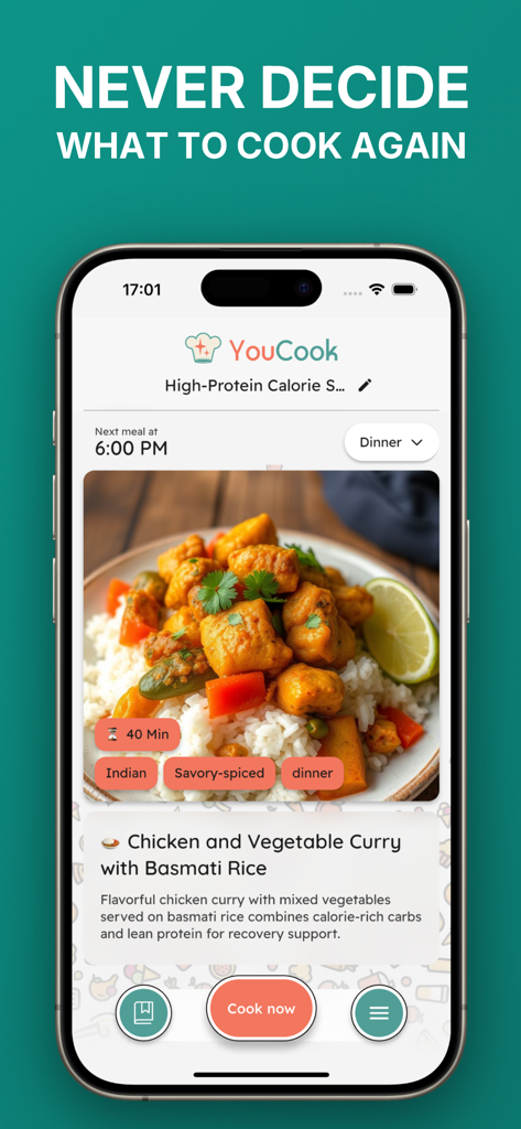 YouCook: Meal Plan & Recipes - YouCook app interface showing a chicken and vegetable curry recipe with a never decide what to cook again headline
