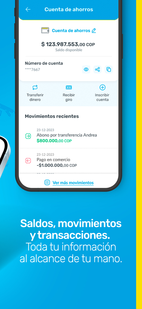 Interfaccia dell'app mobile Banco Unión Colombia che mostra il saldo del conto di risparmio e la cronologia delle transazioni recenti