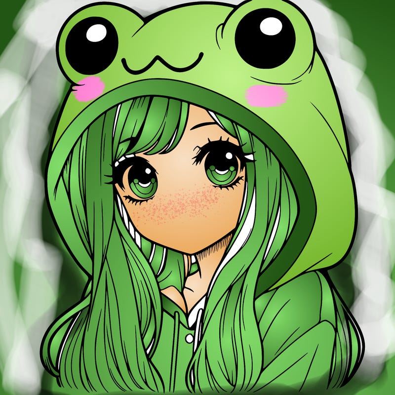 a pretty girl wearing a frog hoodie portrait with long hair