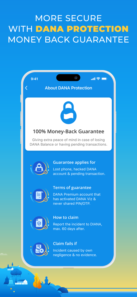 DANA app screen showing the 100 percent money back guarantee and protection policy