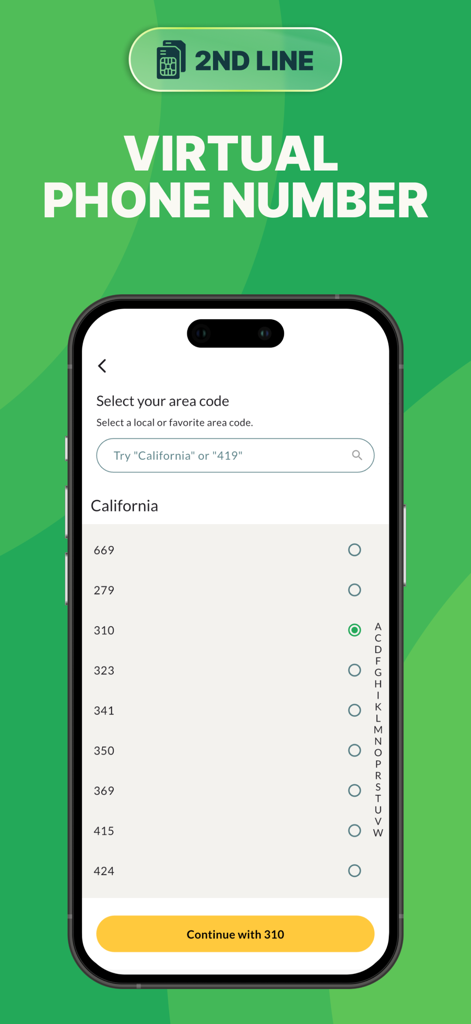 Interface for choosing a California area code to set up a second virtual phone number on the textPlus app.