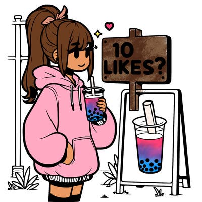 girl with oversized hoodie drinking boba and she has a high ponytail with a sign that says 10likes?