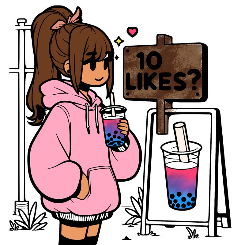 girl with oversized hoodie drinking boba and she has a high ponytail with a sign that says 10likes?