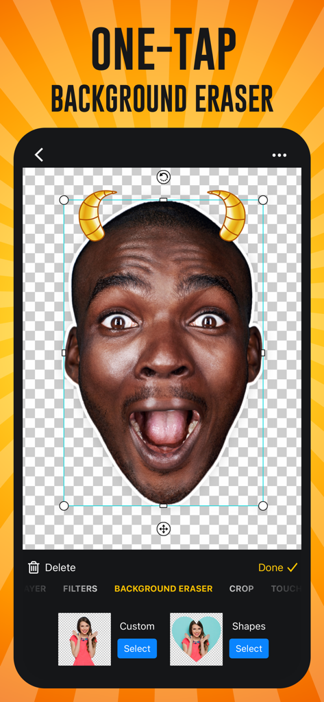 Oberfläche der Emoji Maker App, die die Ein-Tipp-Hintergrund-Entferner-Funktion bei einem individuellen Avatar demonstriert