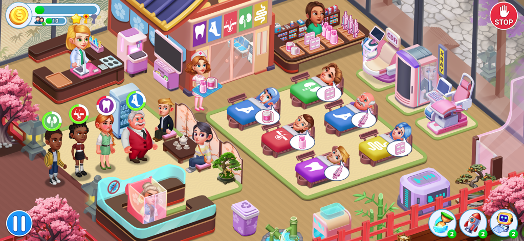 Captura de pantalla del juego de Doctor Clinic mostrando pacientes en camas y personal médico en una sala de hospital con temática japonesa.