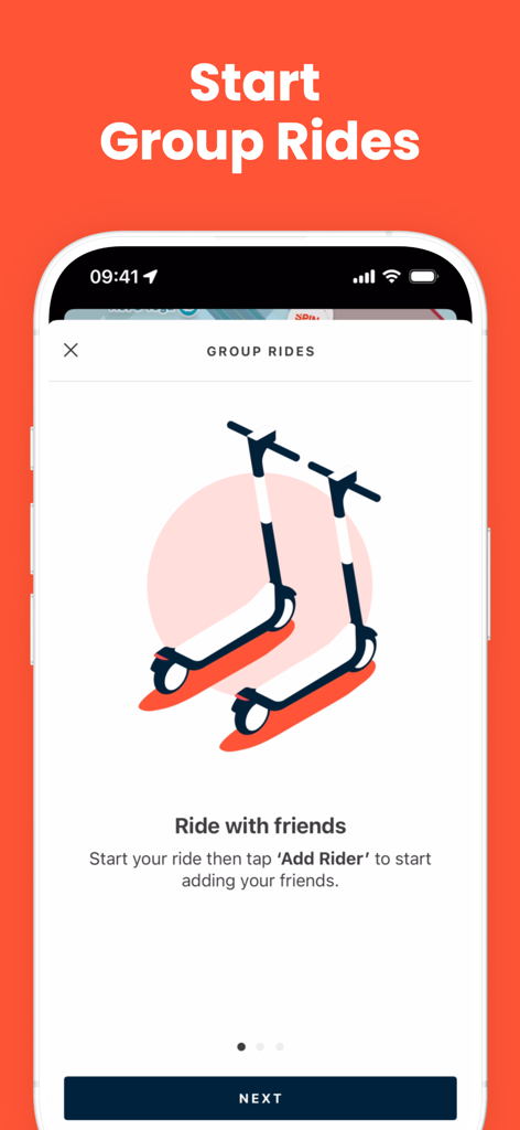 Spin app interface showing the group rides feature to ride electric scooters with friends
