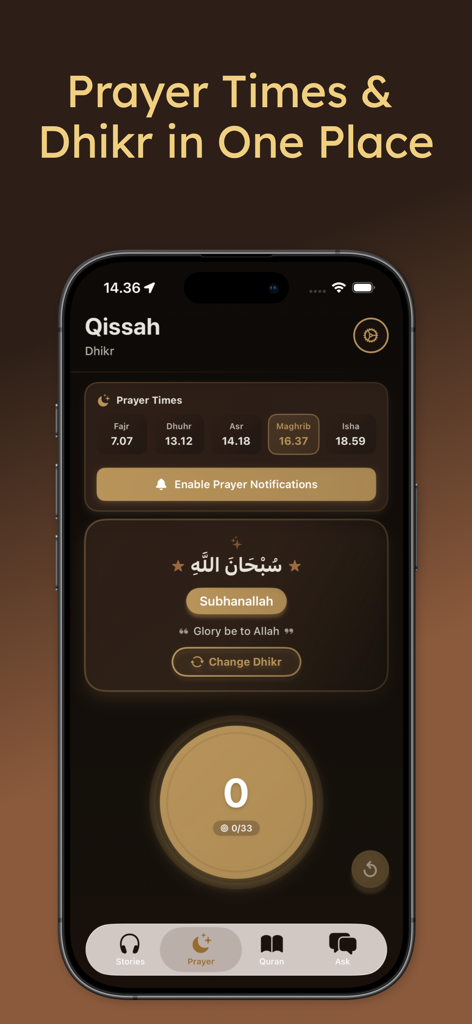 Qissah Stories Your AI Buddy - Qissah app interface displaying daily prayer times and a dhikr counter for spiritual reflection.