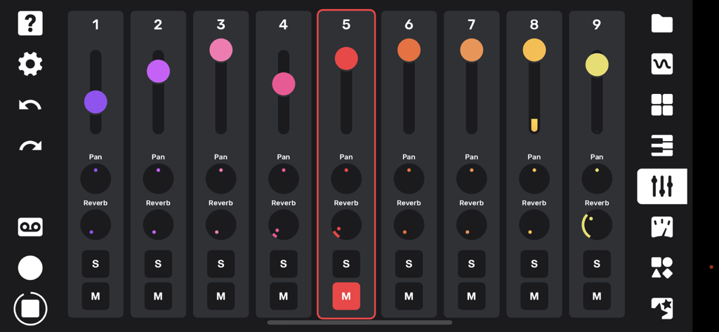 Flip Sampler - A nine track mixer interface with volume faders and knobs for pan and reverb controls.