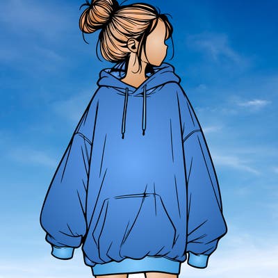 realistic girl with a oversized sweatshirt on and a bun
