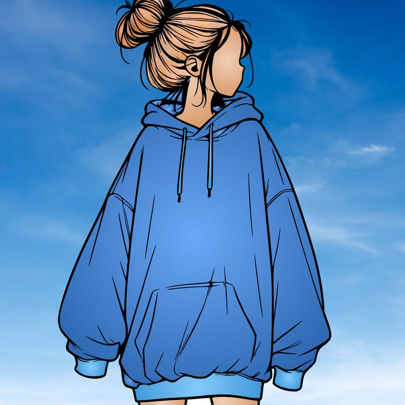 realistic girl with a oversized sweatshirt on and a bun