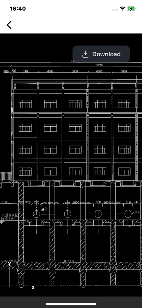 Image&PDF to CAD-CAD Converter - モバイルアプリ画面上の技術的な建物のファサードと基礎のCAD図面のプレビュー。