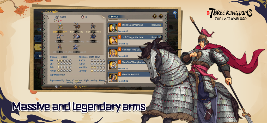 ThreeKingdoms The Last Warlord - Recruitment interface in Three Kingdoms The Last Warlord featuring troop types and officers