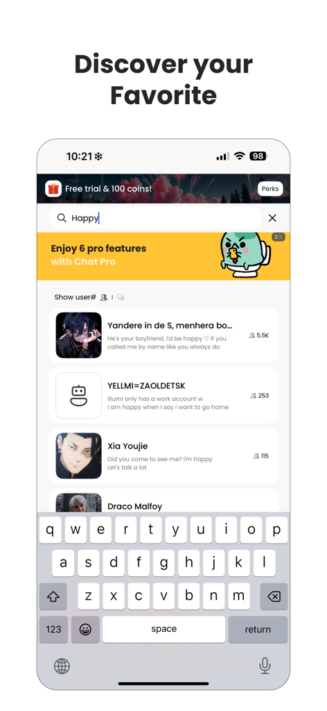 Stipop app screen showing a search for virtual AI characters with a list of anime and fictional personas