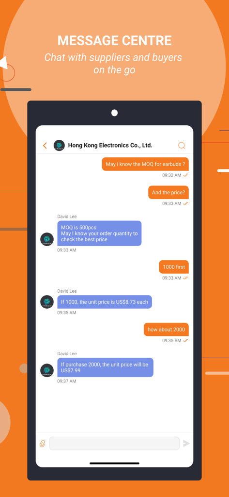 Interfaz de chat dentro de la aplicación entre un comprador y un vendedor discutiendo MOQ de productos y precios